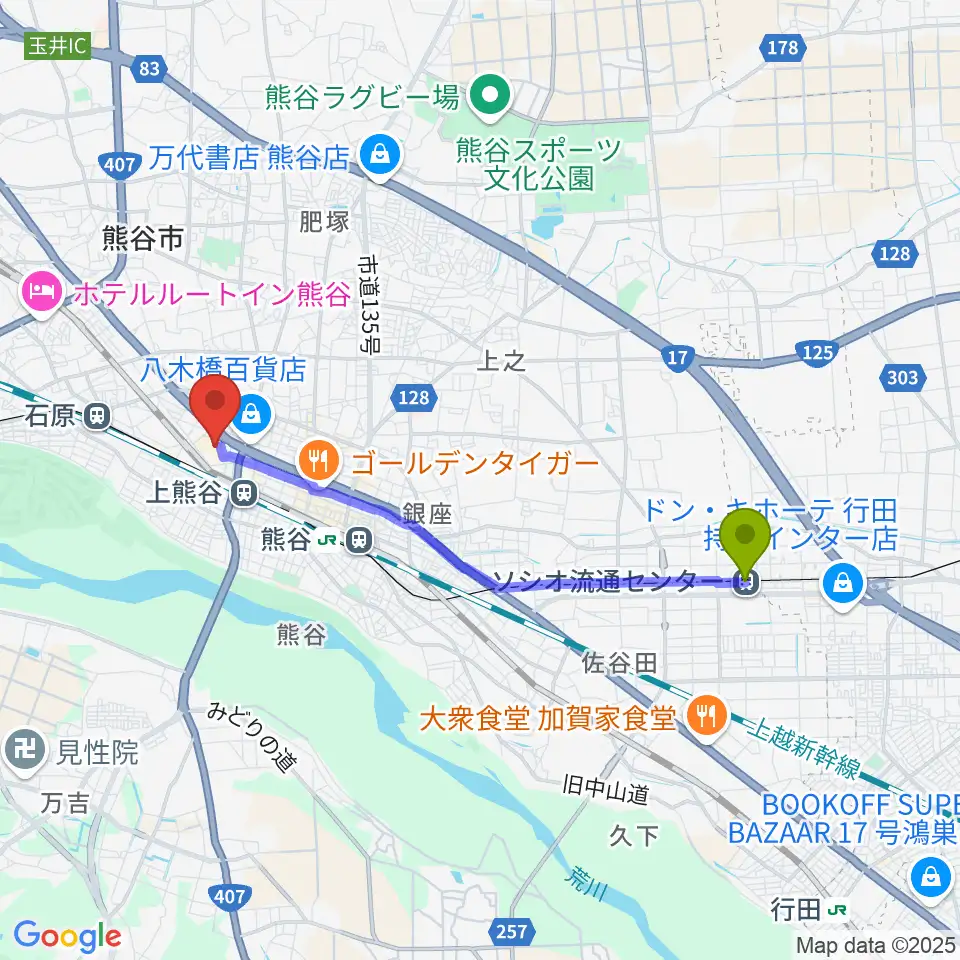 ソシオ流通センター駅からイオンシネマ熊谷へのルートマップ地図