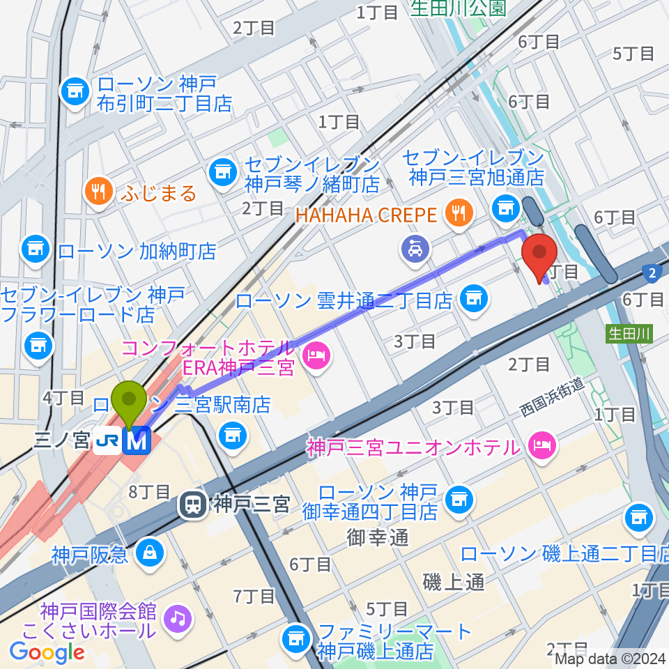 神戸ロッククラブの最寄駅三ノ宮駅からの徒歩ルート（約10分）地図