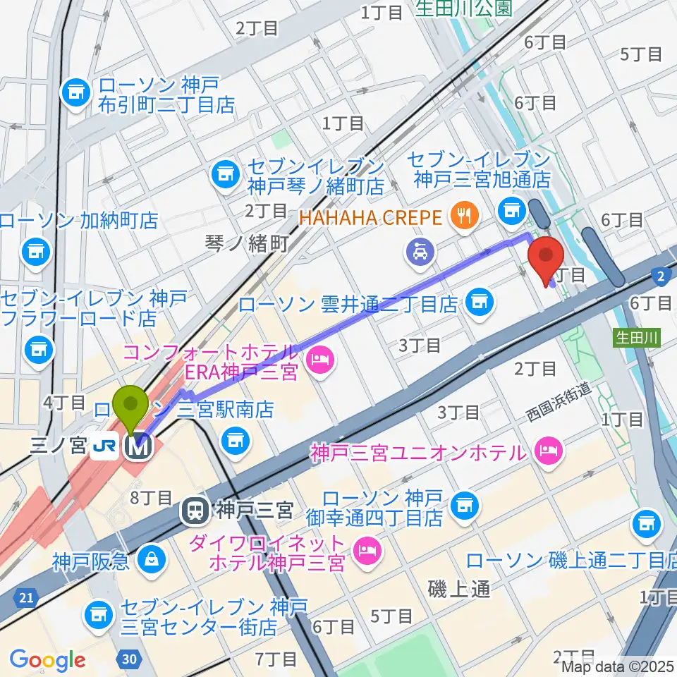 神戸ロッククラブの最寄駅三ノ宮駅からの徒歩ルート（約10分）地図