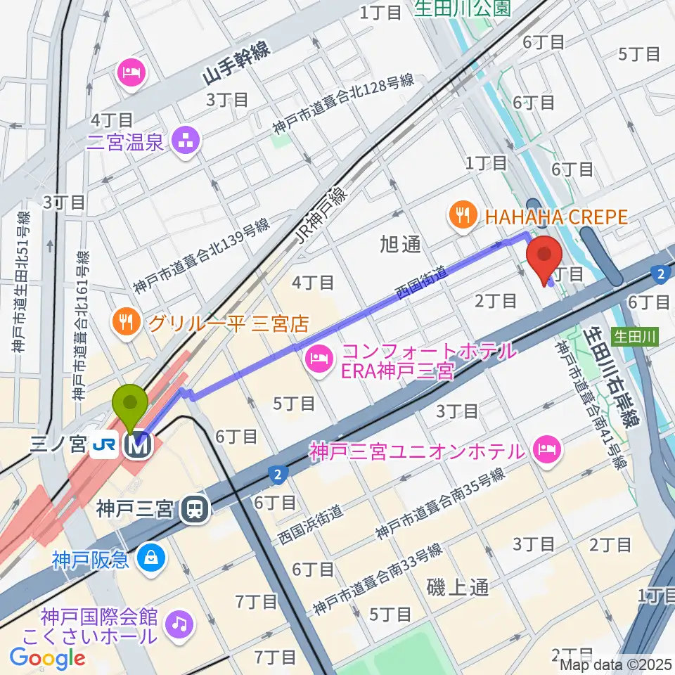 神戸ロッククラブの最寄駅三ノ宮駅からの徒歩ルート（約10分）地図