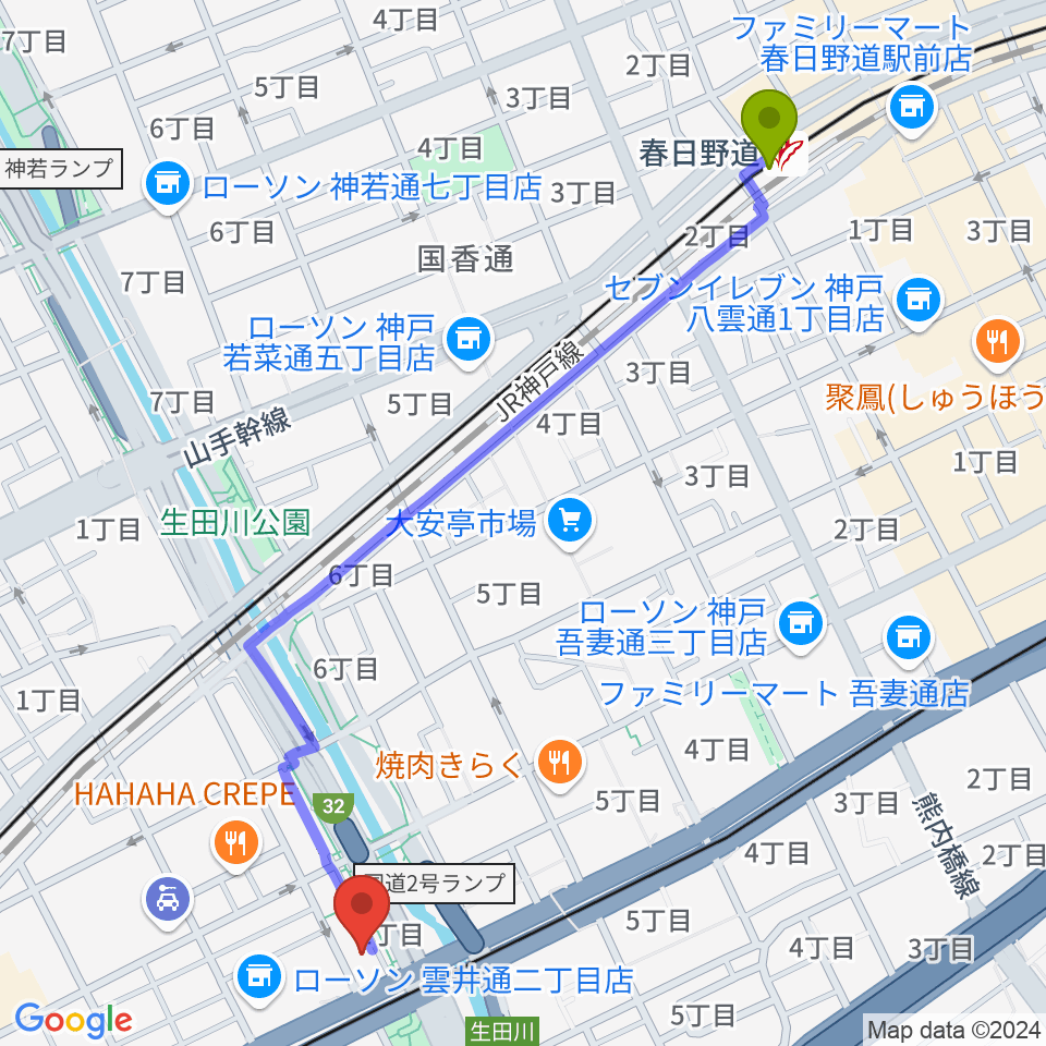 春日野道駅から神戸ロッククラブへのルートマップ地図