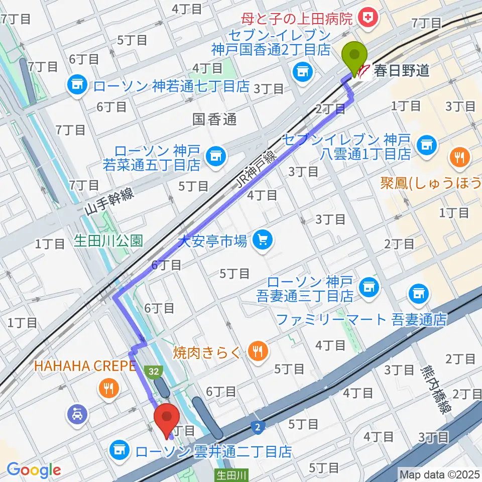 春日野道駅から神戸ロッククラブへのルートマップ地図