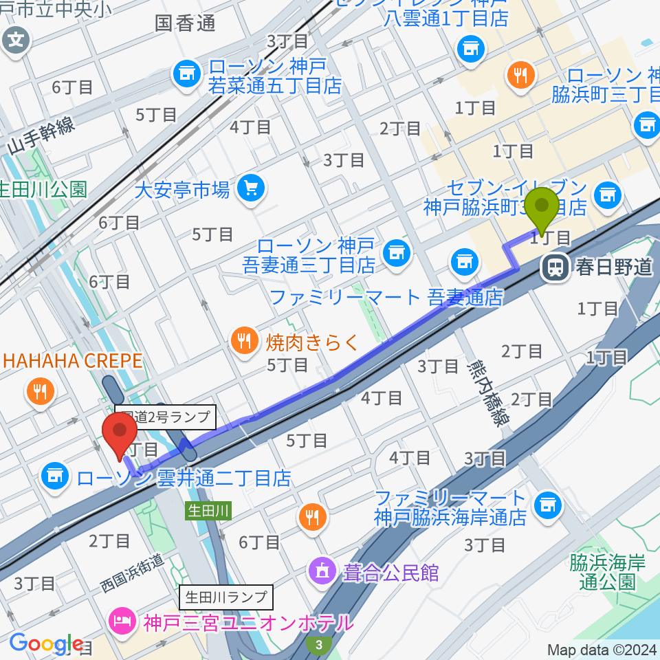 春日野道駅から神戸ロッククラブへのルートマップ地図