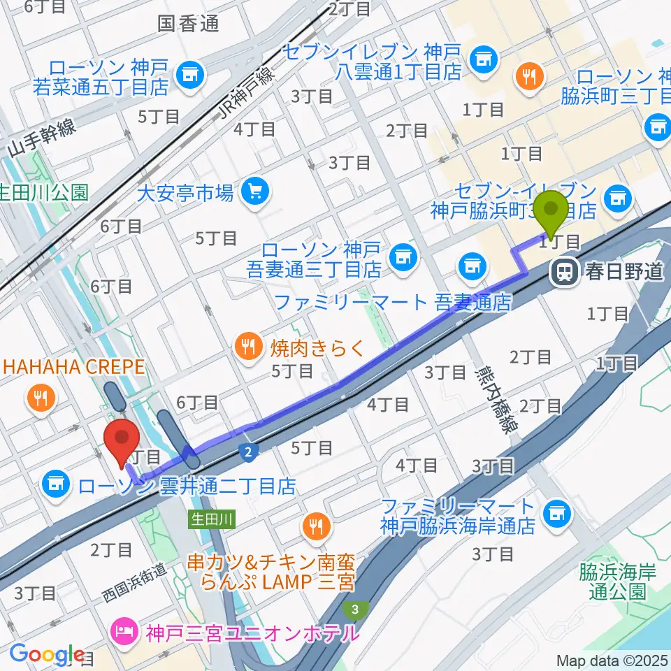 春日野道駅から神戸ロッククラブへのルートマップ地図