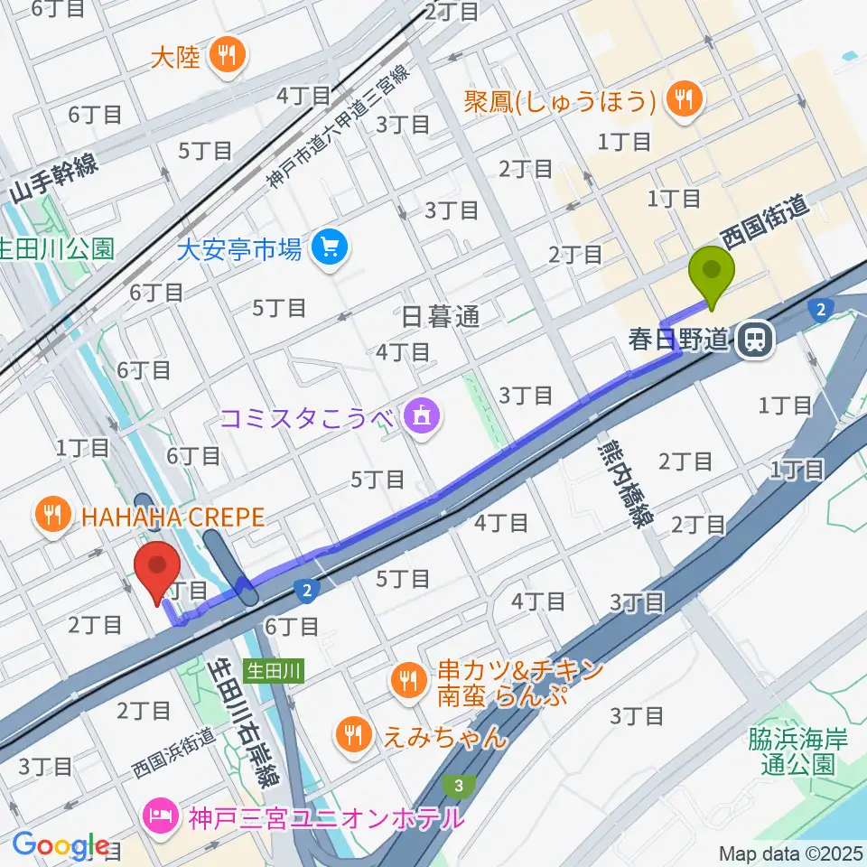 春日野道駅から神戸ロッククラブへのルートマップ地図