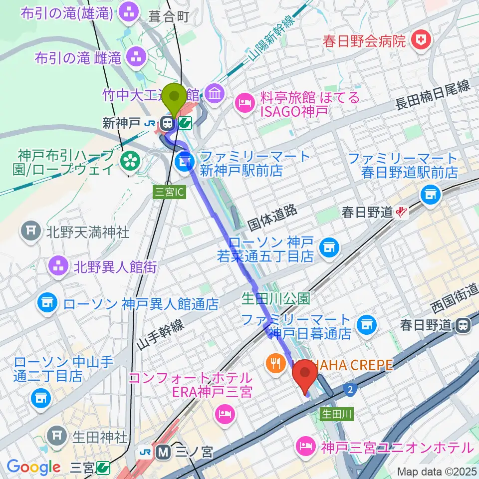 新神戸駅から神戸ロッククラブへのルートマップ地図