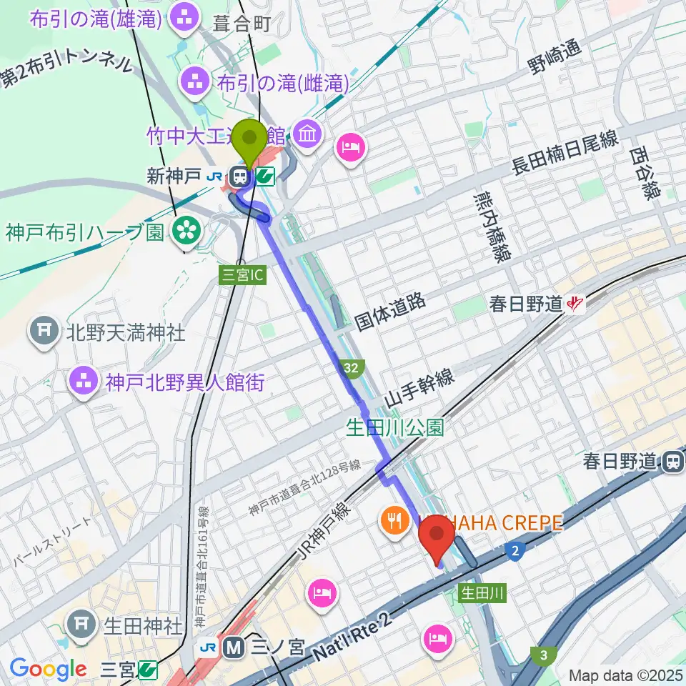 新神戸駅から神戸ロッククラブへのルートマップ地図