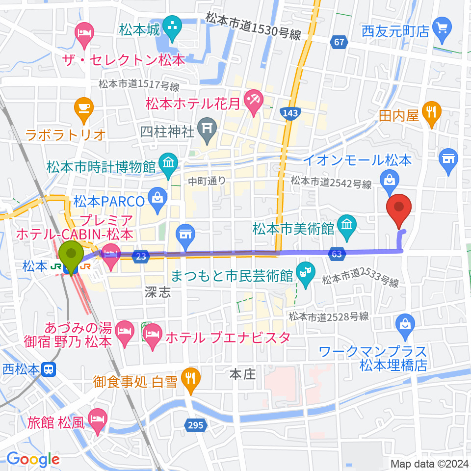 イオンシネマ松本の最寄駅松本駅からの徒歩ルート（約22分）地図
