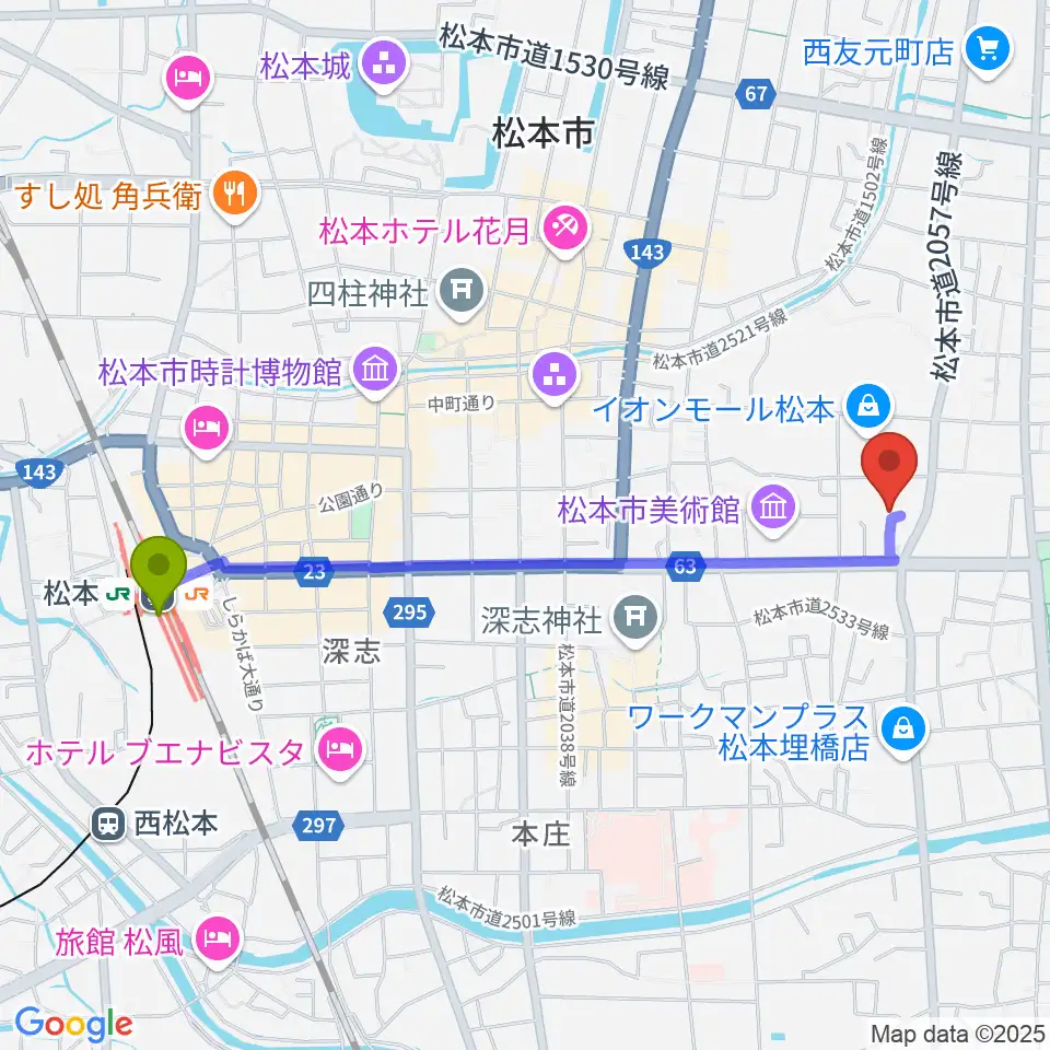 イオンシネマ松本の最寄駅松本駅からの徒歩ルート（約22分）地図
