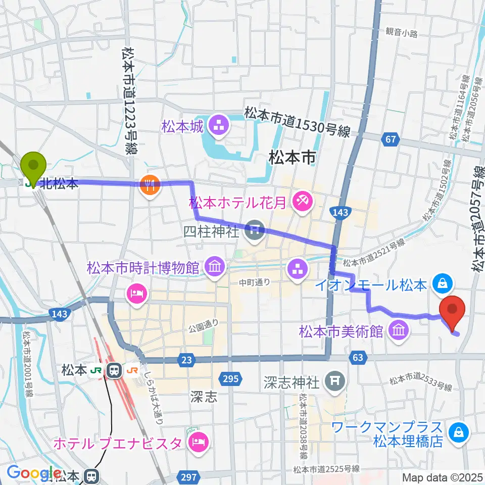 北松本駅からイオンシネマ松本へのルートマップ地図