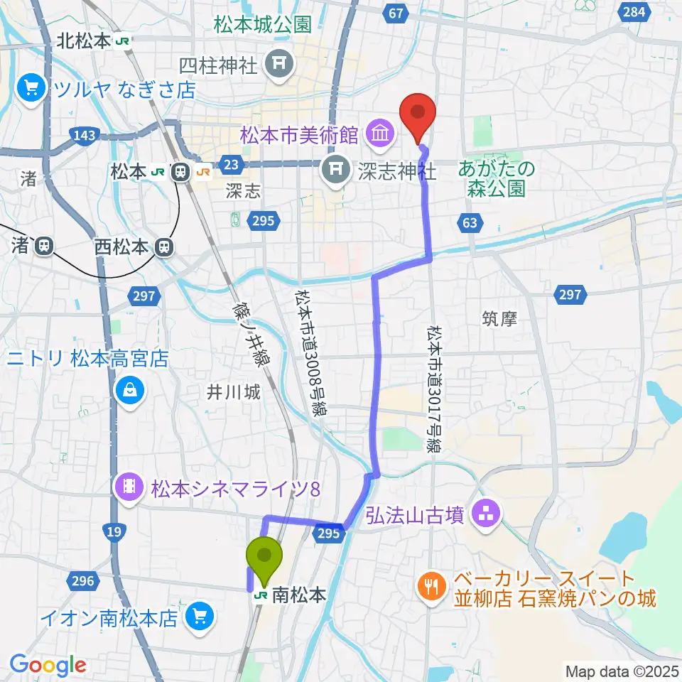 南松本駅からイオンシネマ松本へのルートマップ地図