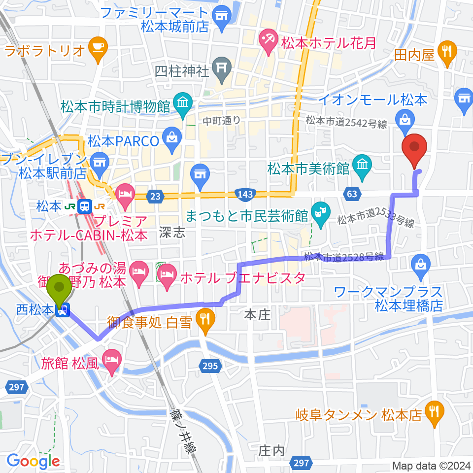 西松本駅からイオンシネマ松本へのルートマップ地図