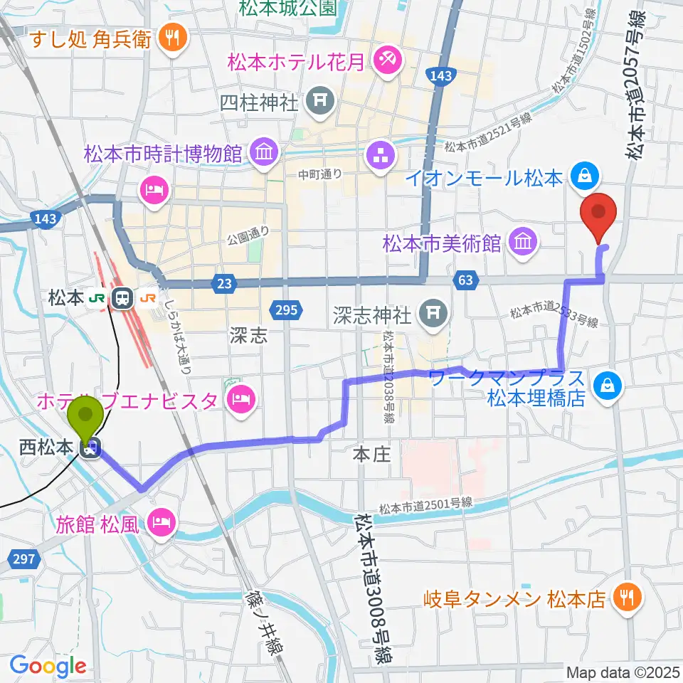 西松本駅からイオンシネマ松本へのルートマップ地図