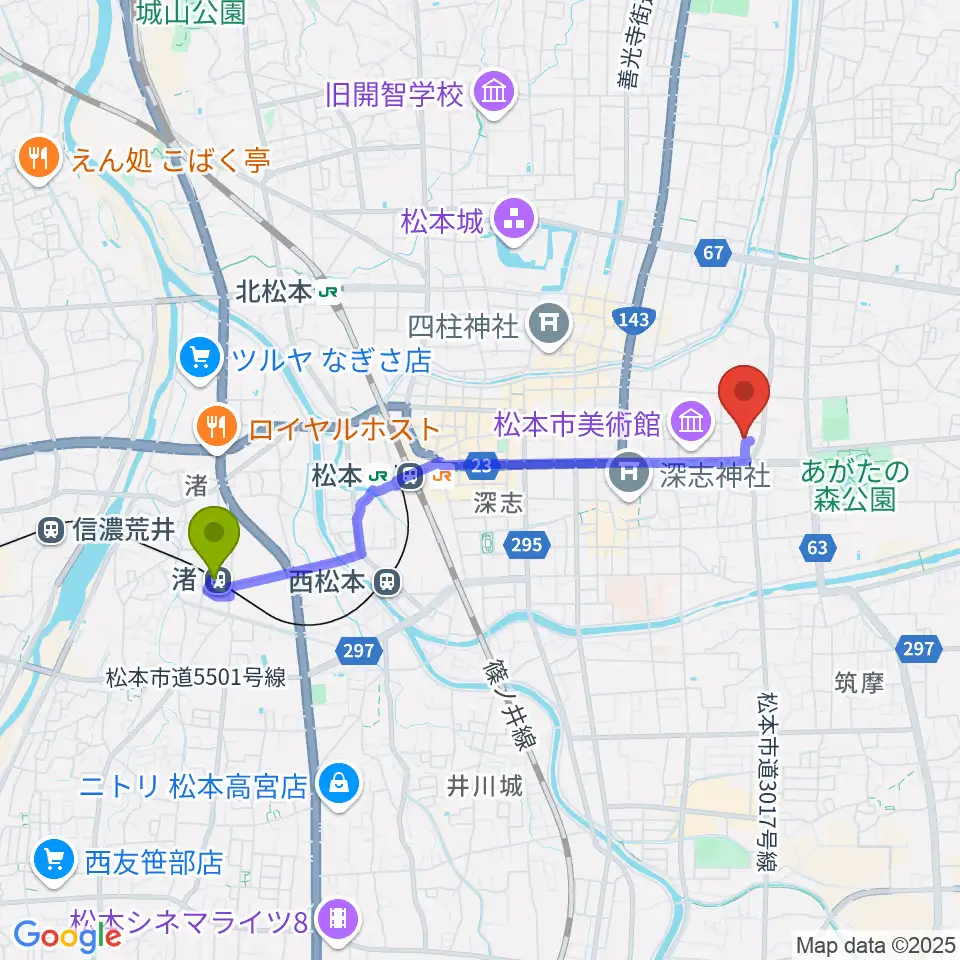 渚駅からイオンシネマ松本へのルートマップ地図