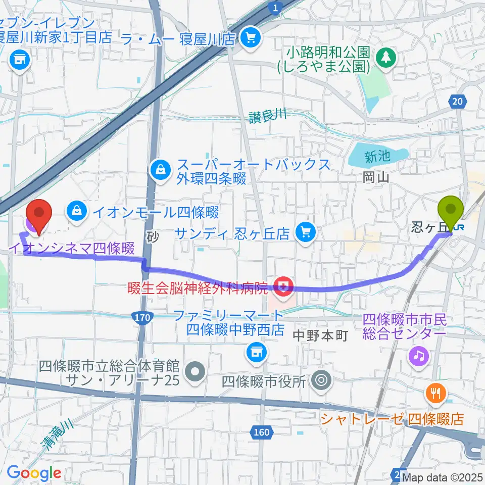 忍ケ丘駅からイオンシネマ四條畷へのルートマップ地図