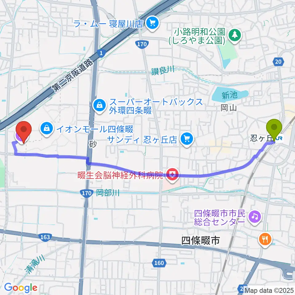 忍ケ丘駅からイオンシネマ四條畷へのルートマップ地図