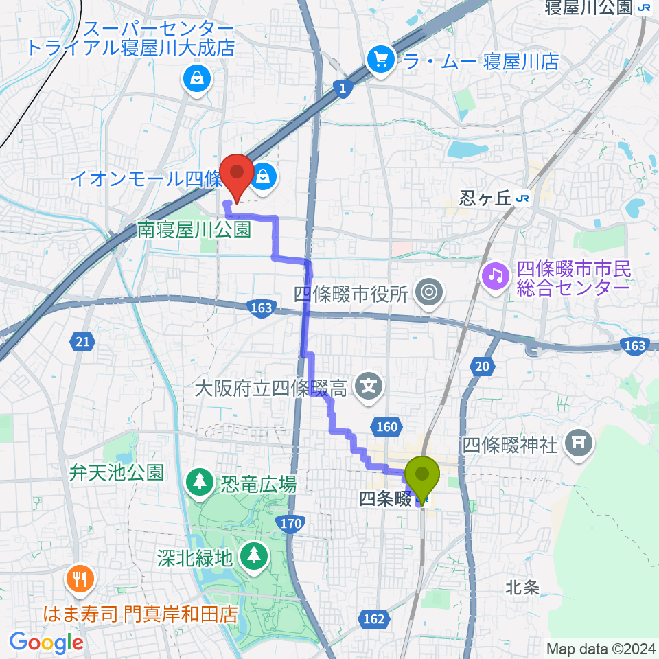 四条畷駅からイオンシネマ四條畷へのルートマップ地図