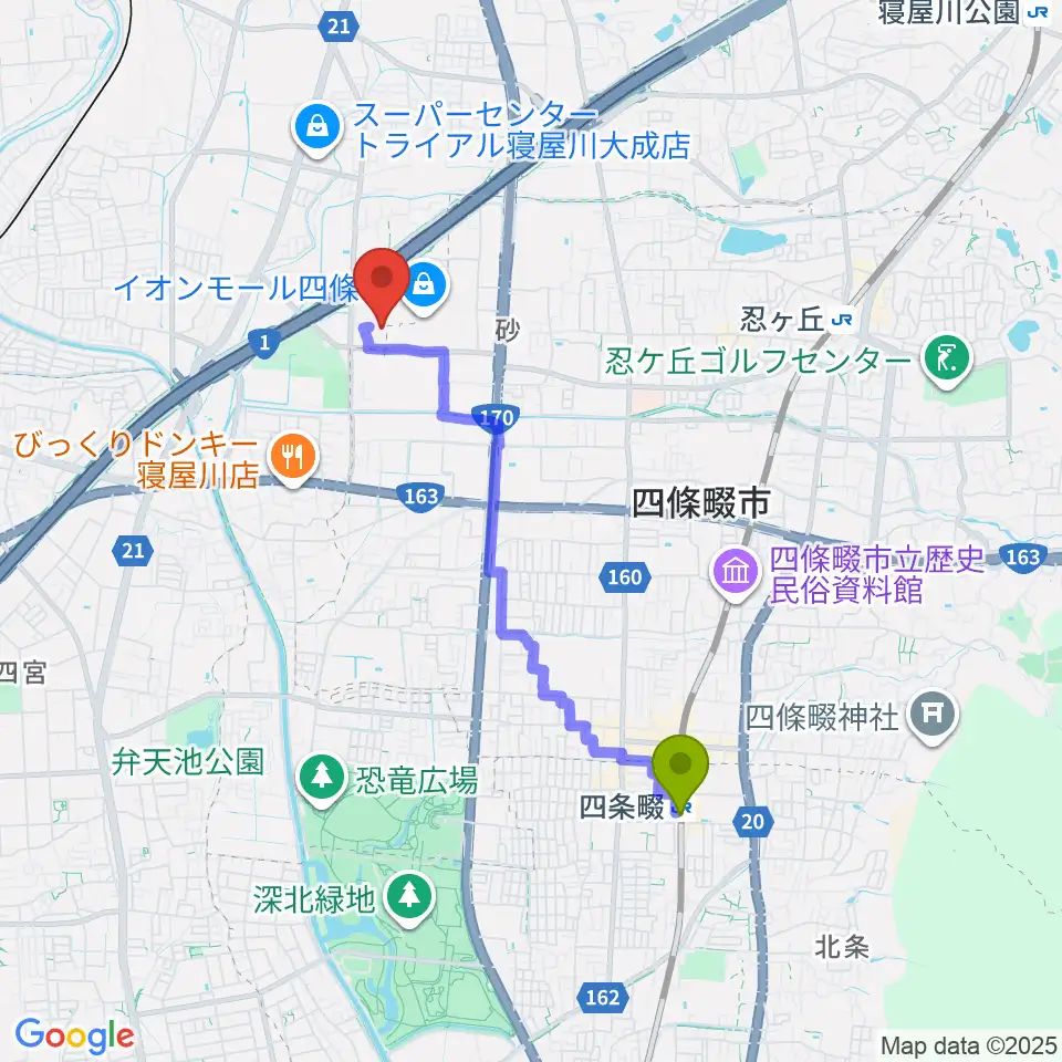 四条畷駅からイオンシネマ四條畷へのルートマップ地図