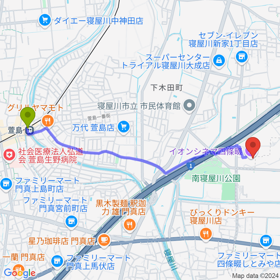 イオンシネマ四條畷の最寄駅萱島駅からの徒歩ルート（約25分）地図