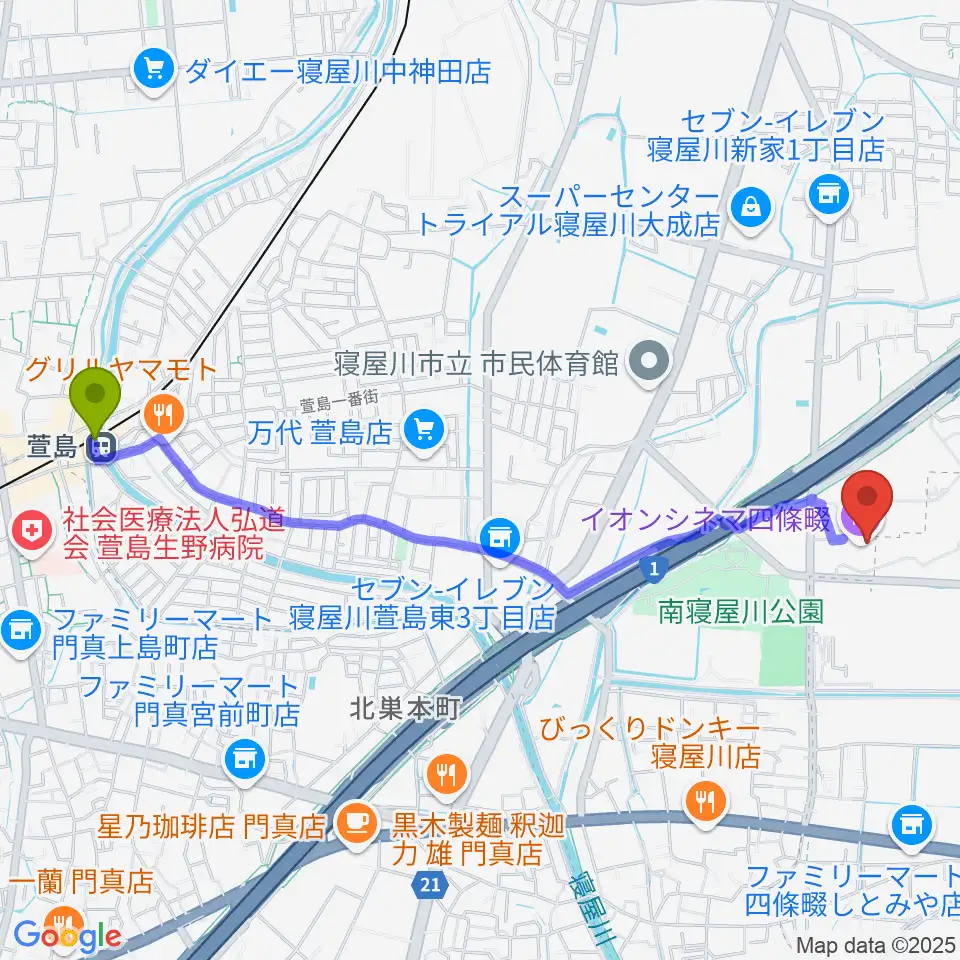 イオンシネマ四條畷の最寄駅萱島駅からの徒歩ルート（約25分）地図