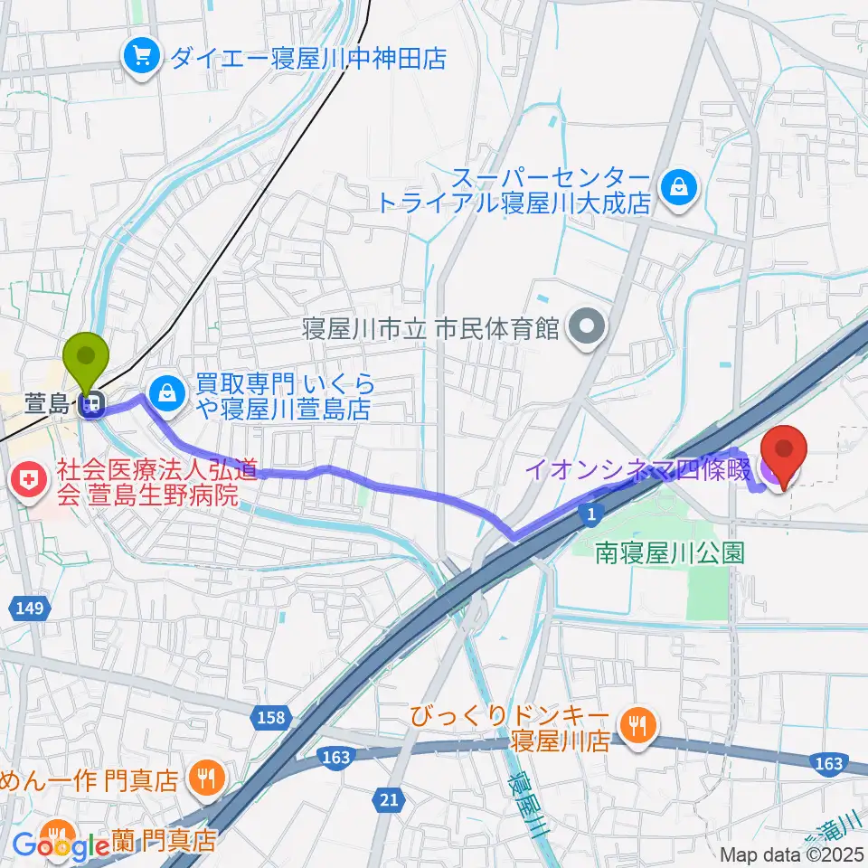 イオンシネマ四條畷の最寄駅萱島駅からの徒歩ルート（約25分）地図