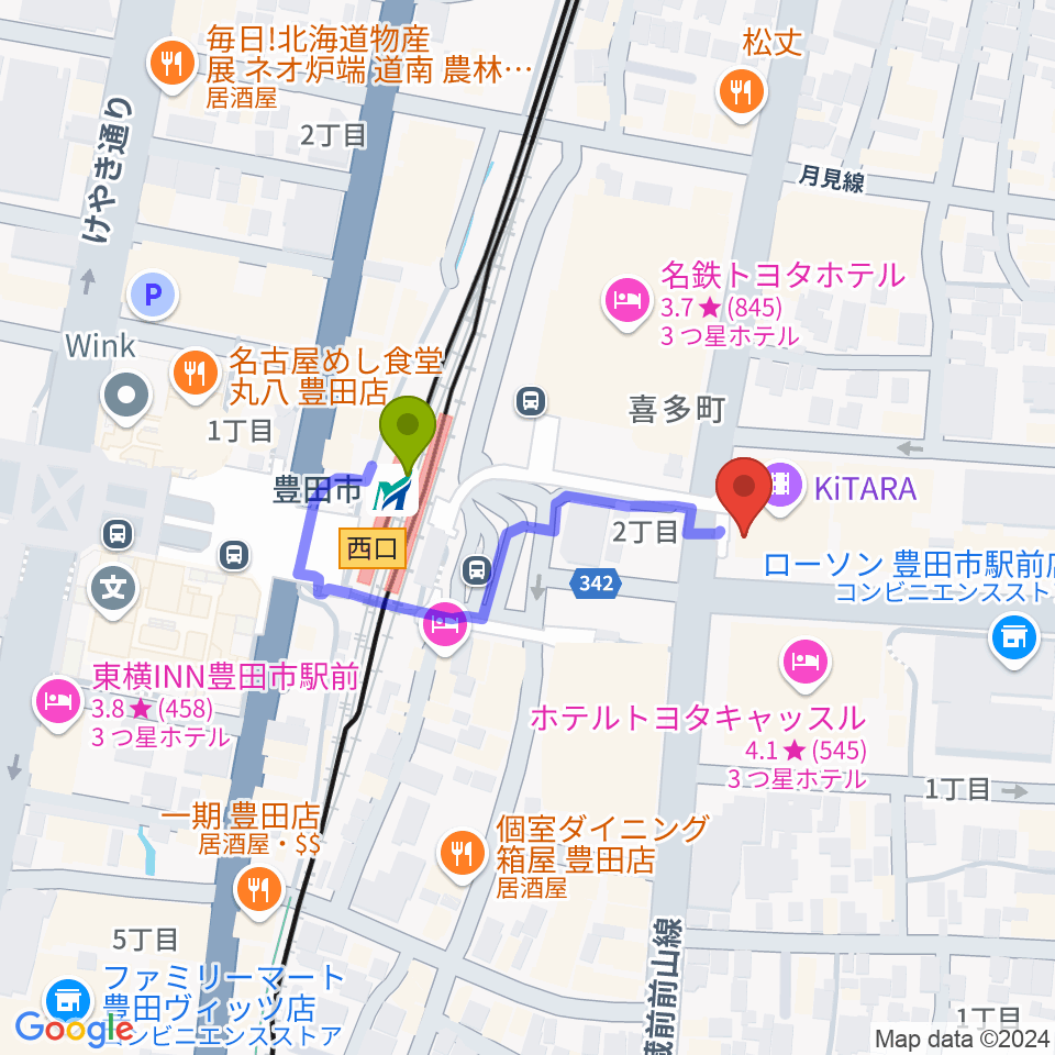 イオンシネマ豊田KiTARAの最寄駅豊田市駅からの徒歩ルート（約3分）地図