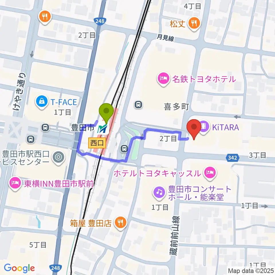 イオンシネマ豊田KiTARAの最寄駅豊田市駅からの徒歩ルート（約3分）地図