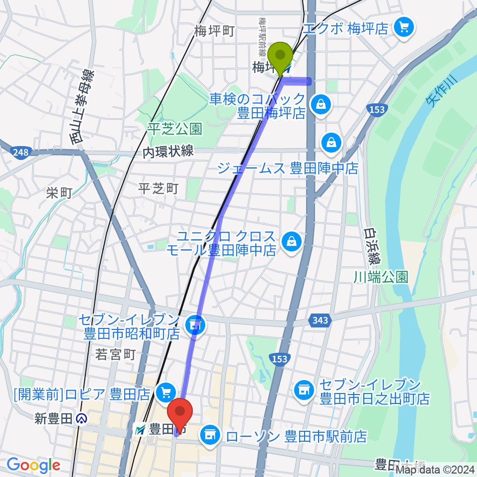 梅坪駅からイオンシネマ豊田KiTARAへのルートマップ地図