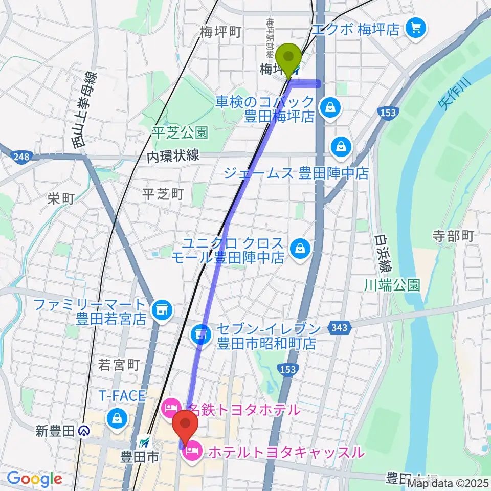 梅坪駅からイオンシネマ豊田KiTARAへのルートマップ地図