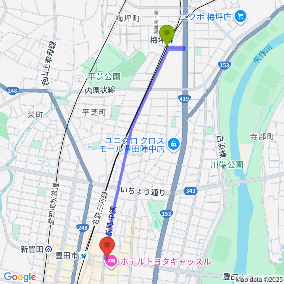 梅坪駅からイオンシネマ豊田KiTARAへのルートマップ地図