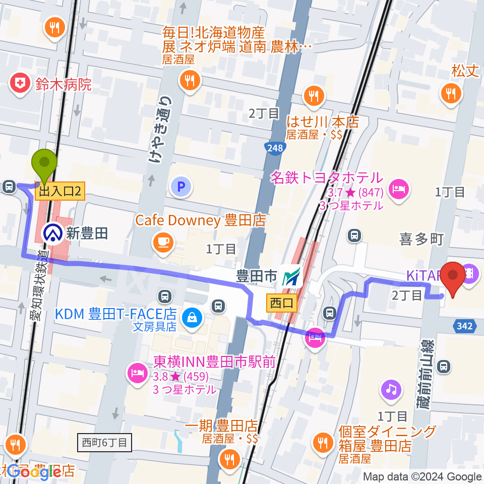 新豊田駅からイオンシネマ豊田KiTARAへのルートマップ地図