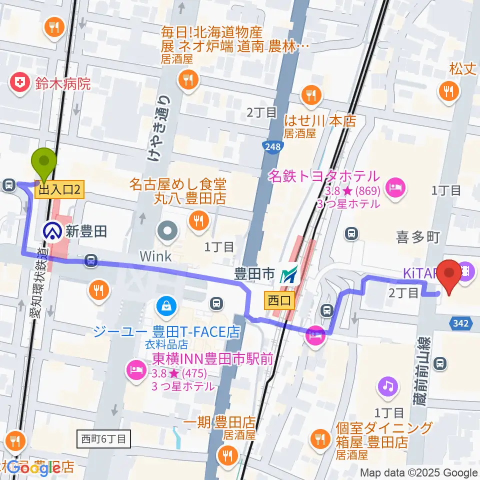 新豊田駅からイオンシネマ豊田KiTARAへのルートマップ地図