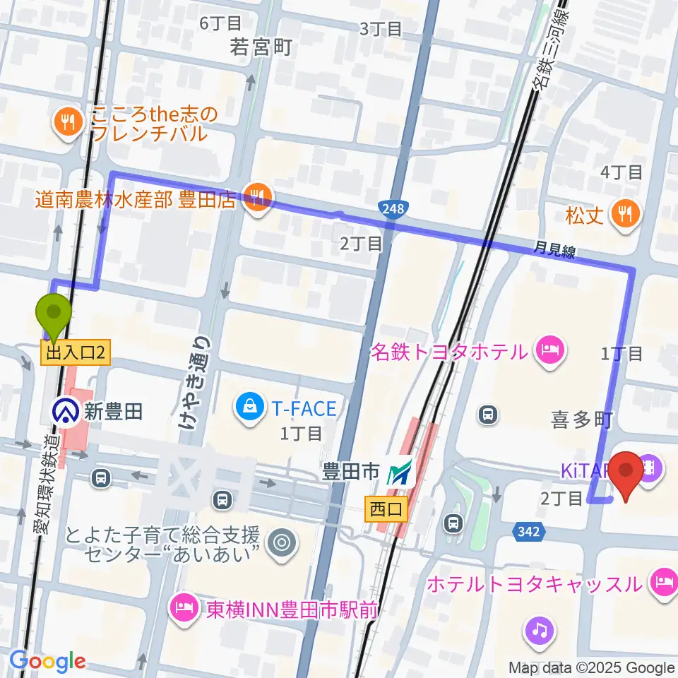 新豊田駅からイオンシネマ豊田KiTARAへのルートマップ地図