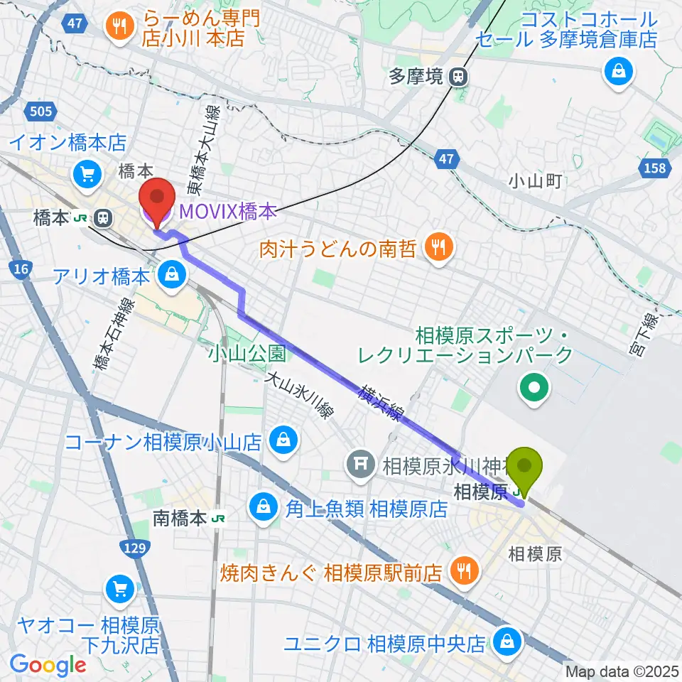 相模原駅からMOVIX橋本へのルートマップ地図