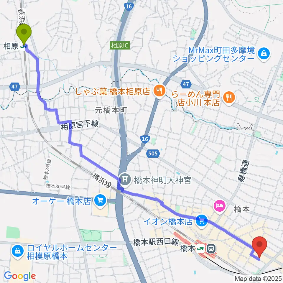 相原駅からMOVIX橋本へのルートマップ地図