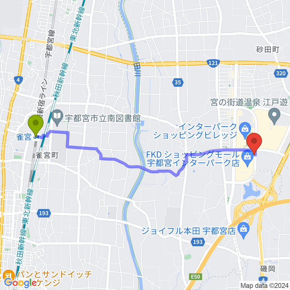 MOVIX宇都宮の最寄駅雀宮駅からの徒歩ルート（約46分）地図