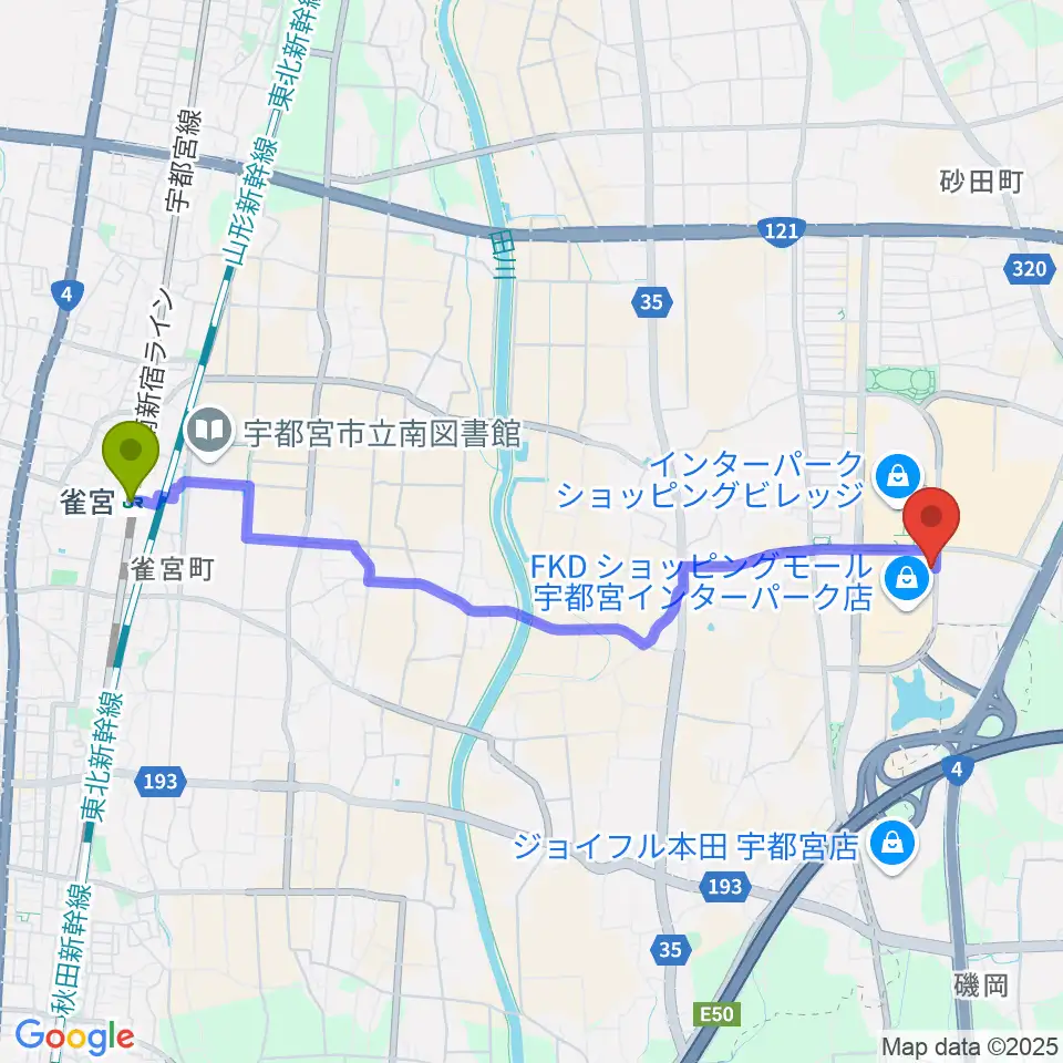 MOVIX宇都宮の最寄駅雀宮駅からの徒歩ルート（約46分）地図