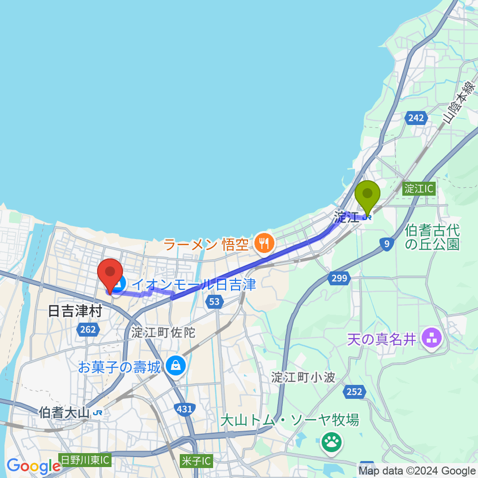 淀江駅からmovix日吉津へのルートマップ Mdata