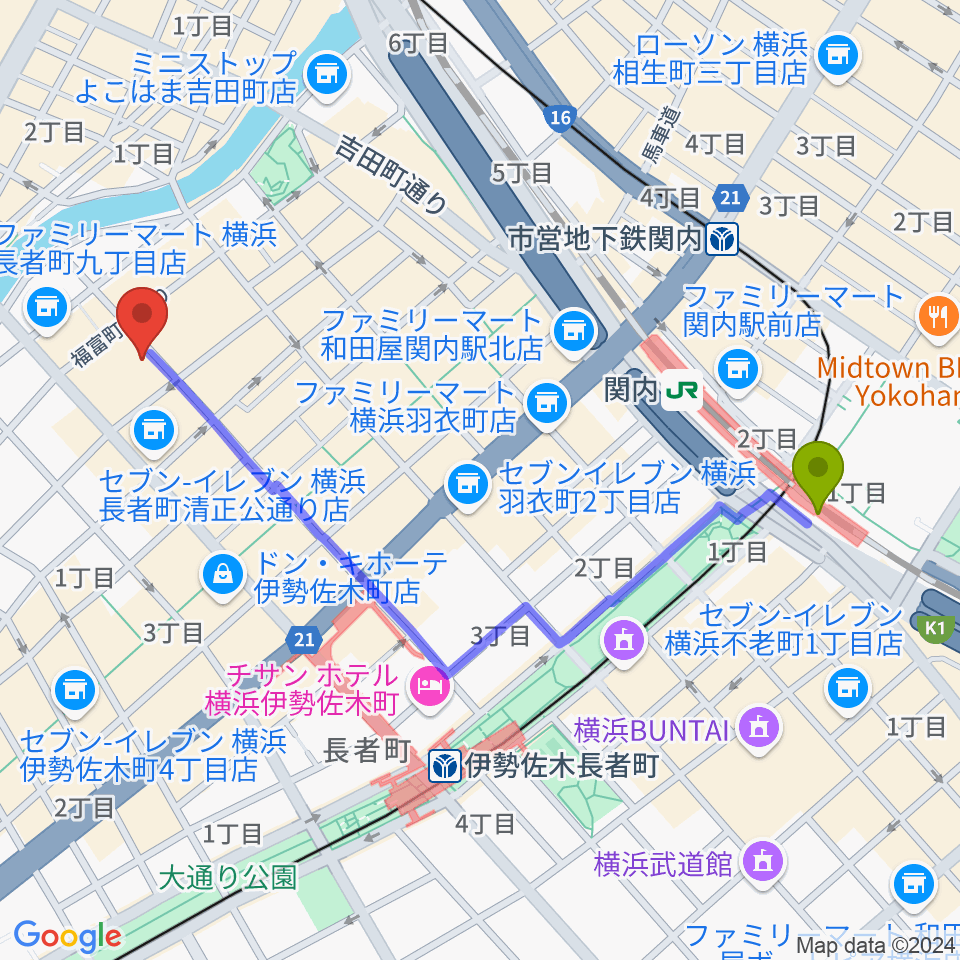 関内駅から日ノ出町 試聴室その3へのルートマップ地図