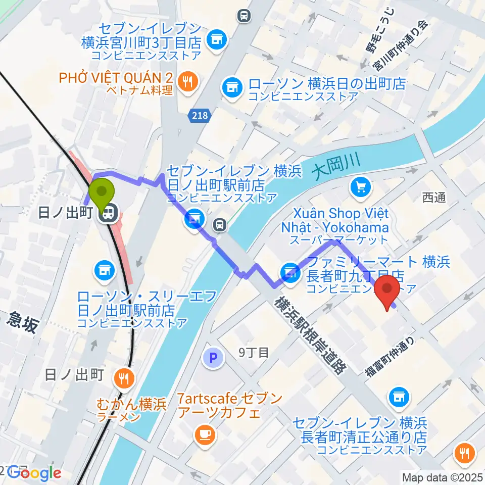 日ノ出町 試聴室その3の最寄駅日ノ出町駅からの徒歩ルート（約5分）地図