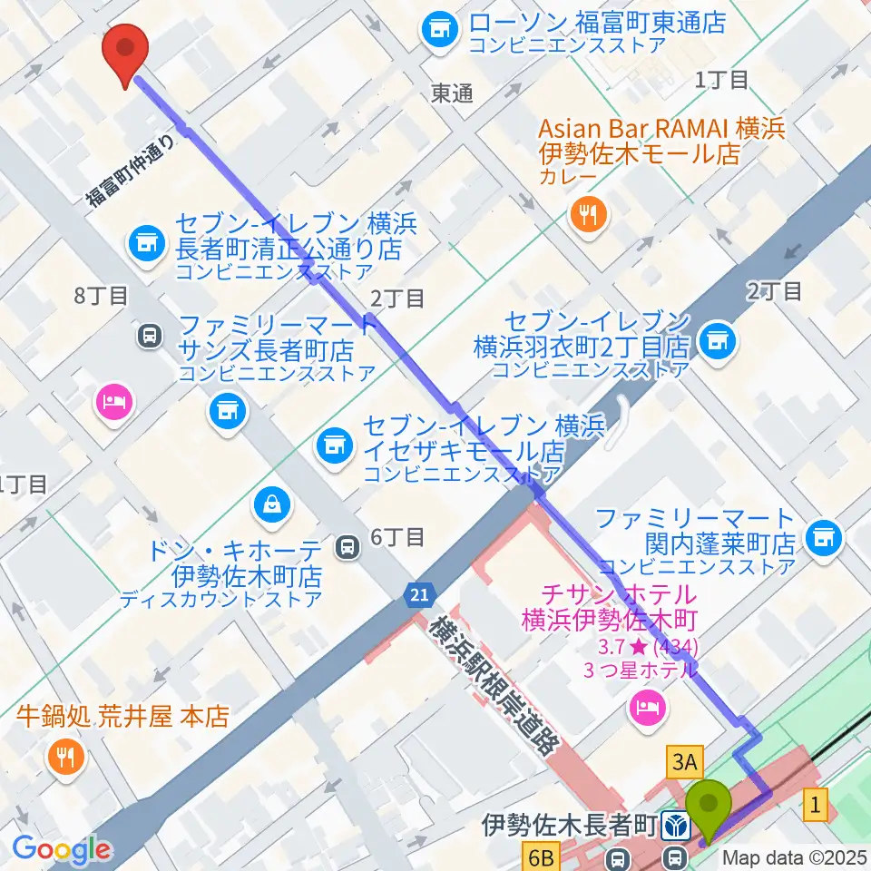 伊勢佐木長者町駅から日ノ出町 試聴室その3へのルートマップ地図