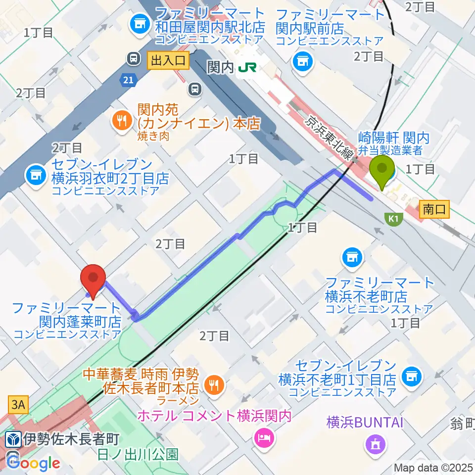 関内駅からスタージスへのルートマップ地図