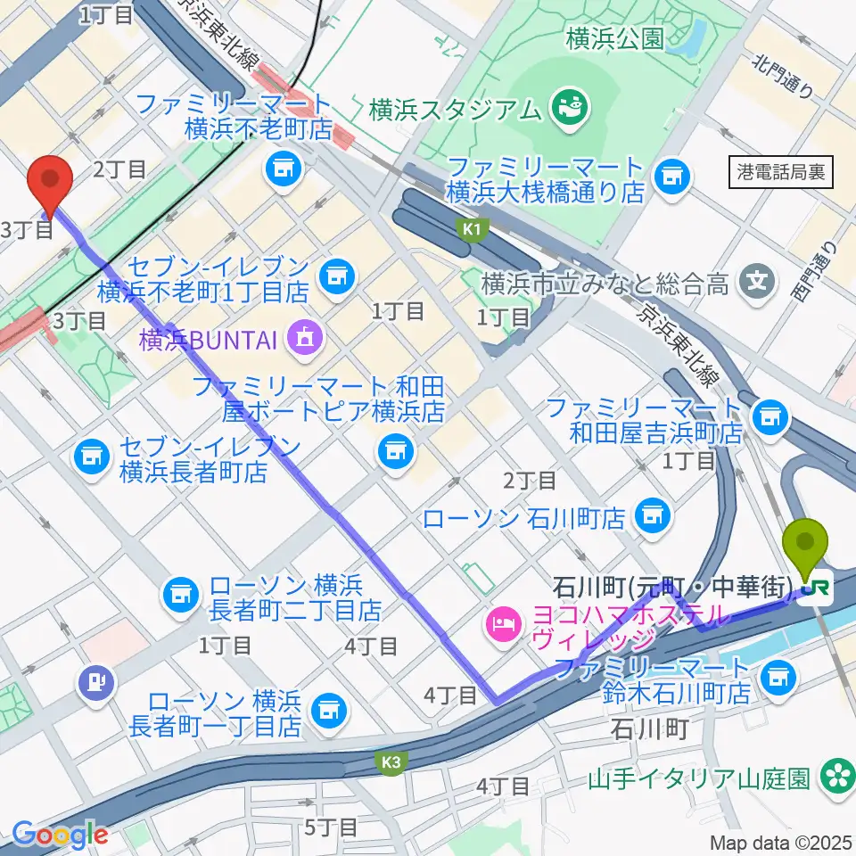 石川町駅からスタージスへのルートマップ地図