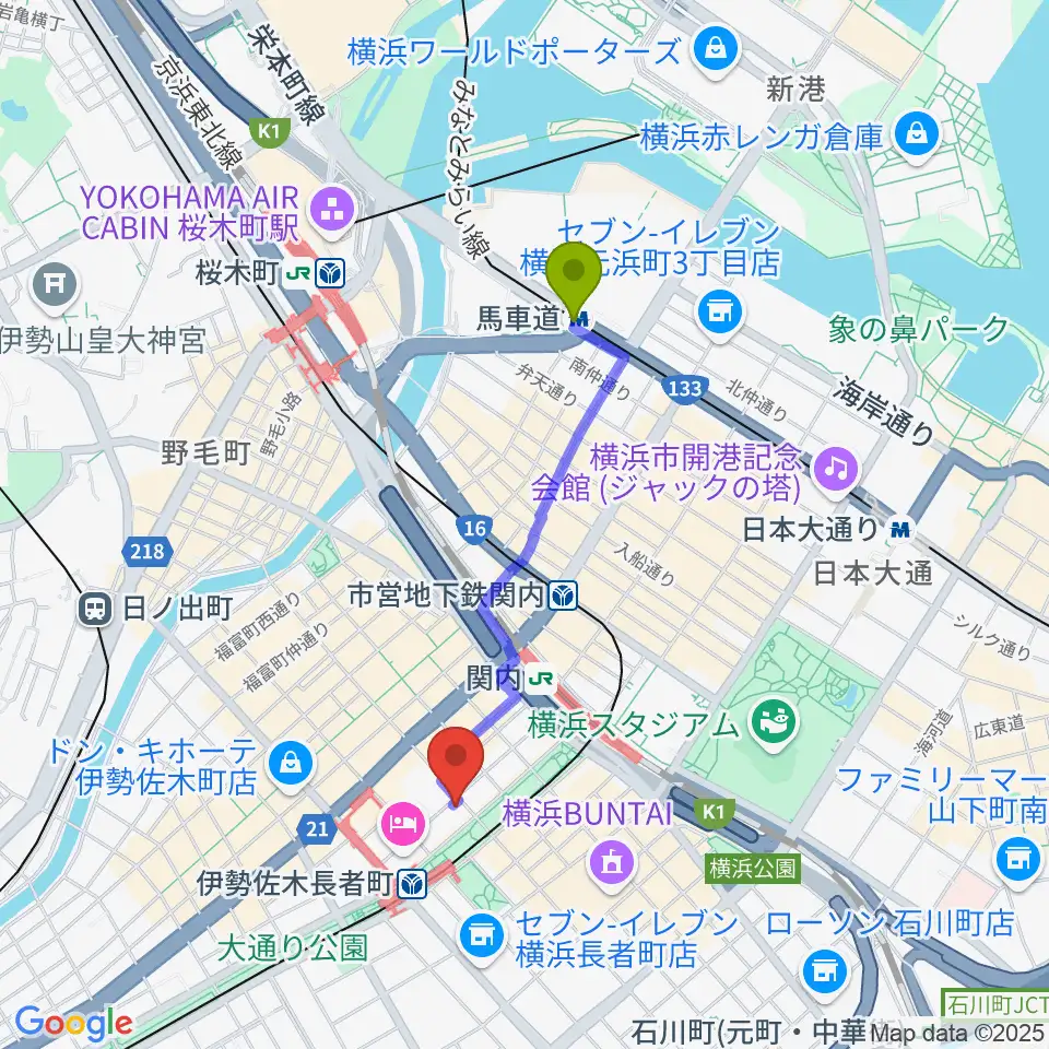 馬車道駅からスタージスへのルートマップ地図