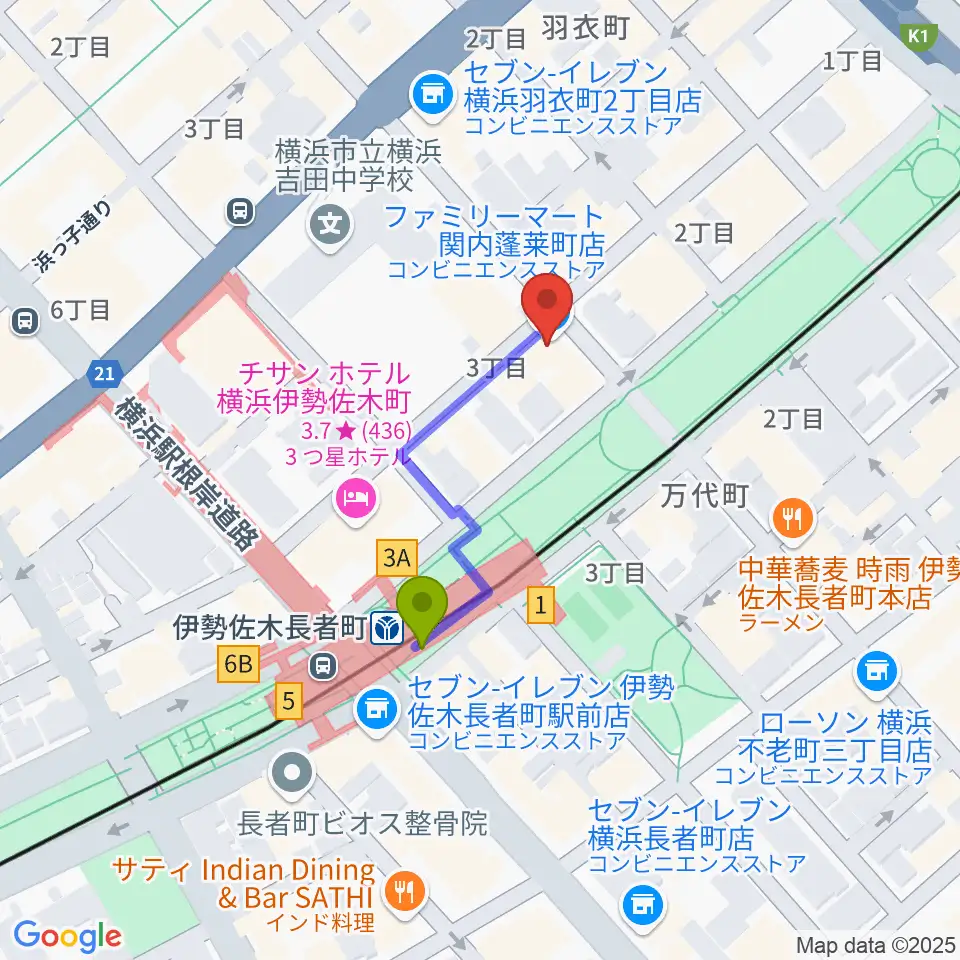 スタージスの最寄駅伊勢佐木長者町駅からの徒歩ルート（約3分）地図