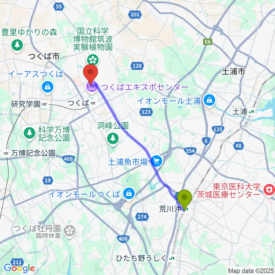 荒川沖駅からつくばFROGへのルートマップ地図