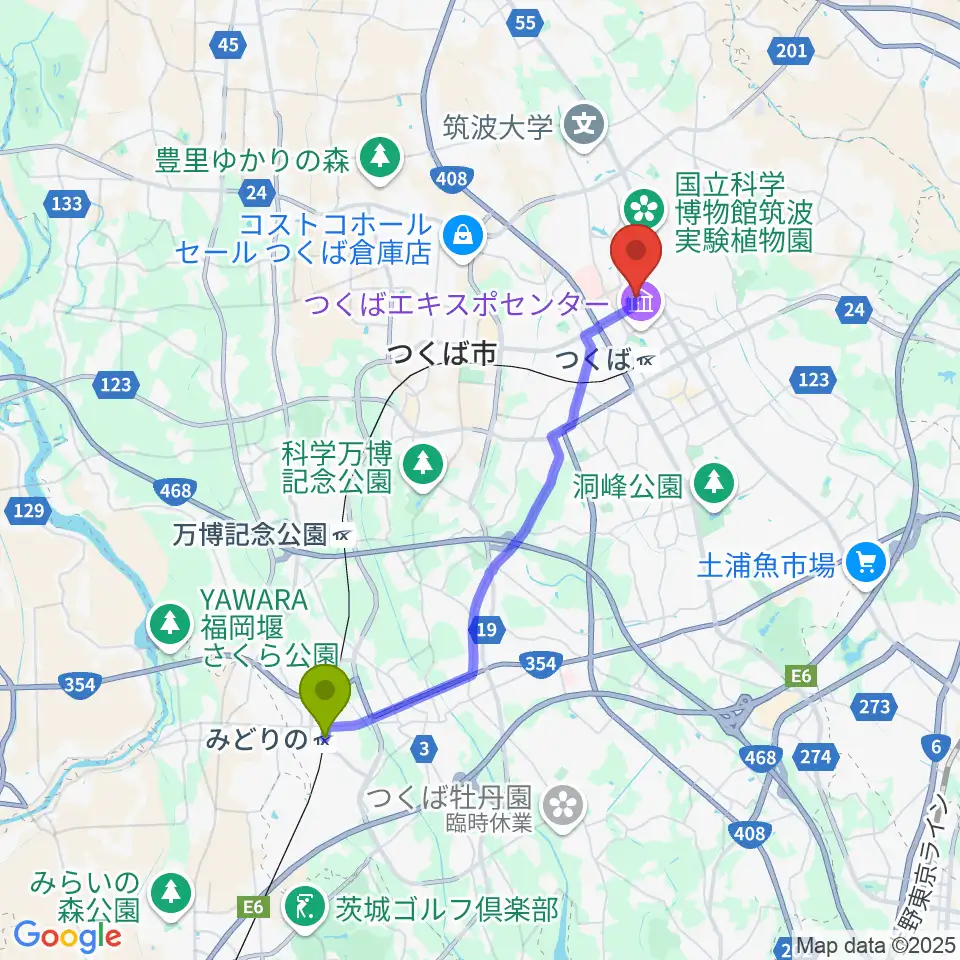 みどりの駅からつくばFROGへのルートマップ地図
