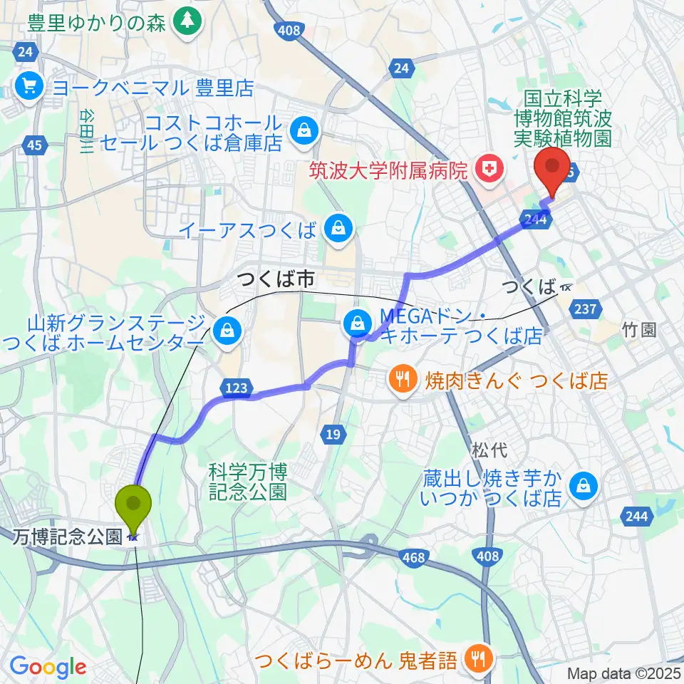 万博記念公園駅からつくばFROGへのルートマップ地図