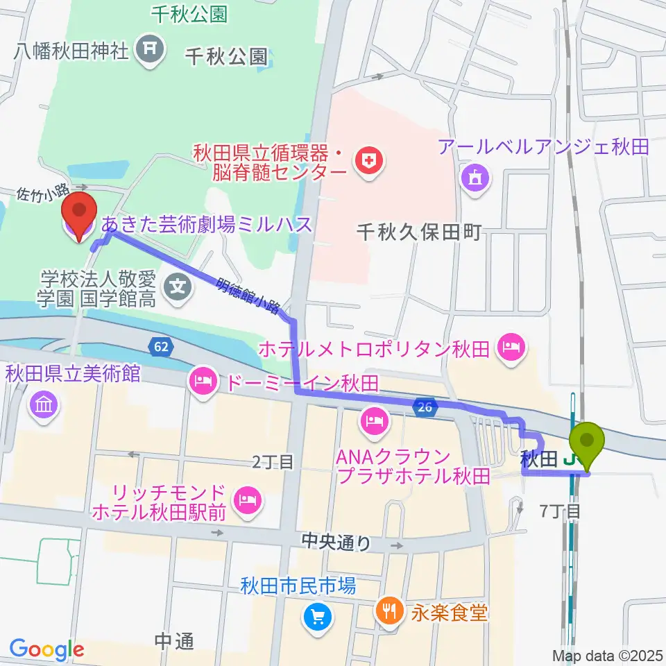 あきた芸術劇場ミルハスの最寄駅秋田駅からの徒歩ルート（約12分）地図