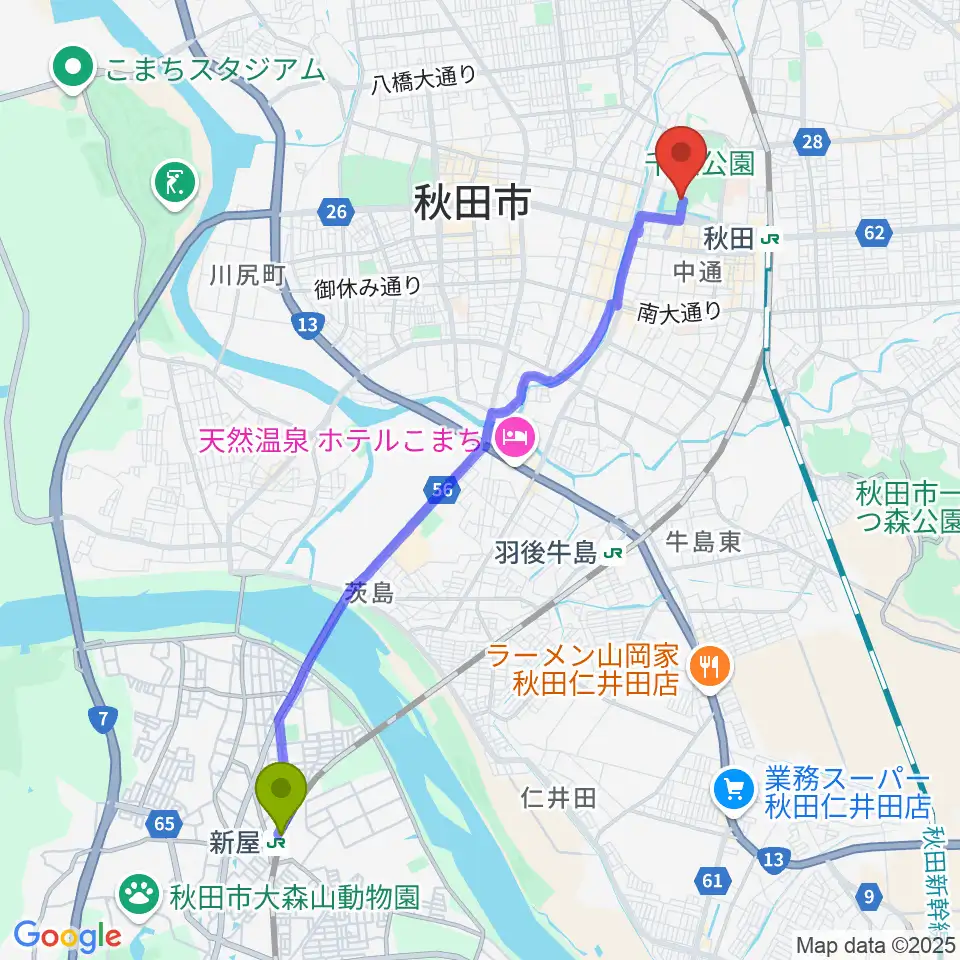 新屋駅からあきた芸術劇場ミルハスへのルートマップ地図